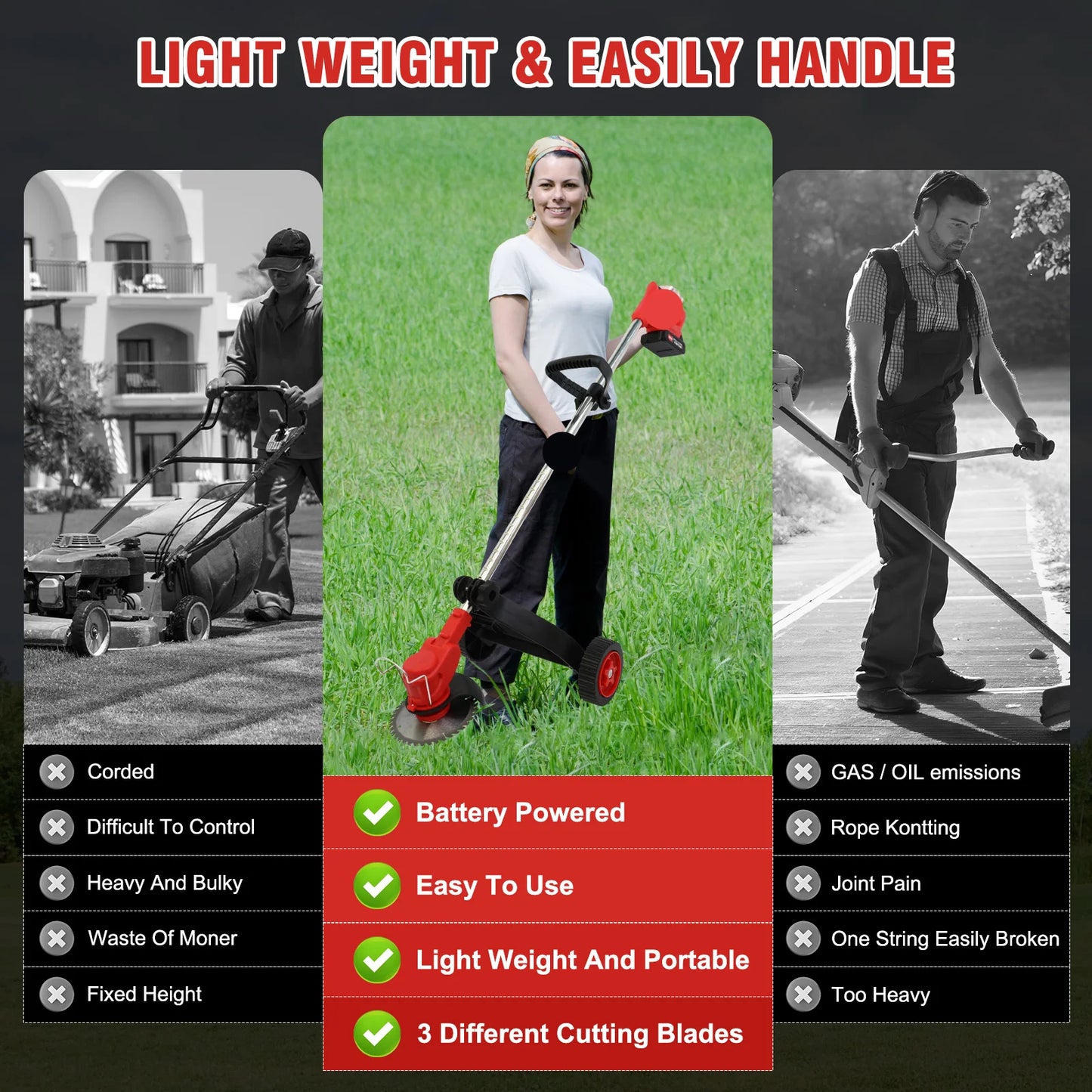 Electric Cordless Grass Trimmer Lawn Mower Weed Edger Brush-less Cutter