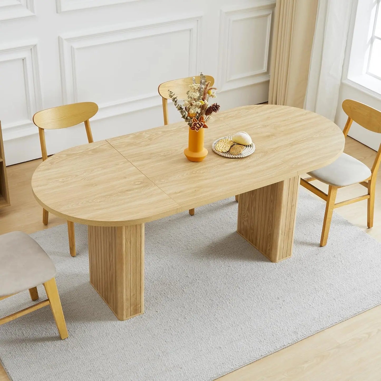 Fluted Base Modern Oval Round Extendable Dining Table