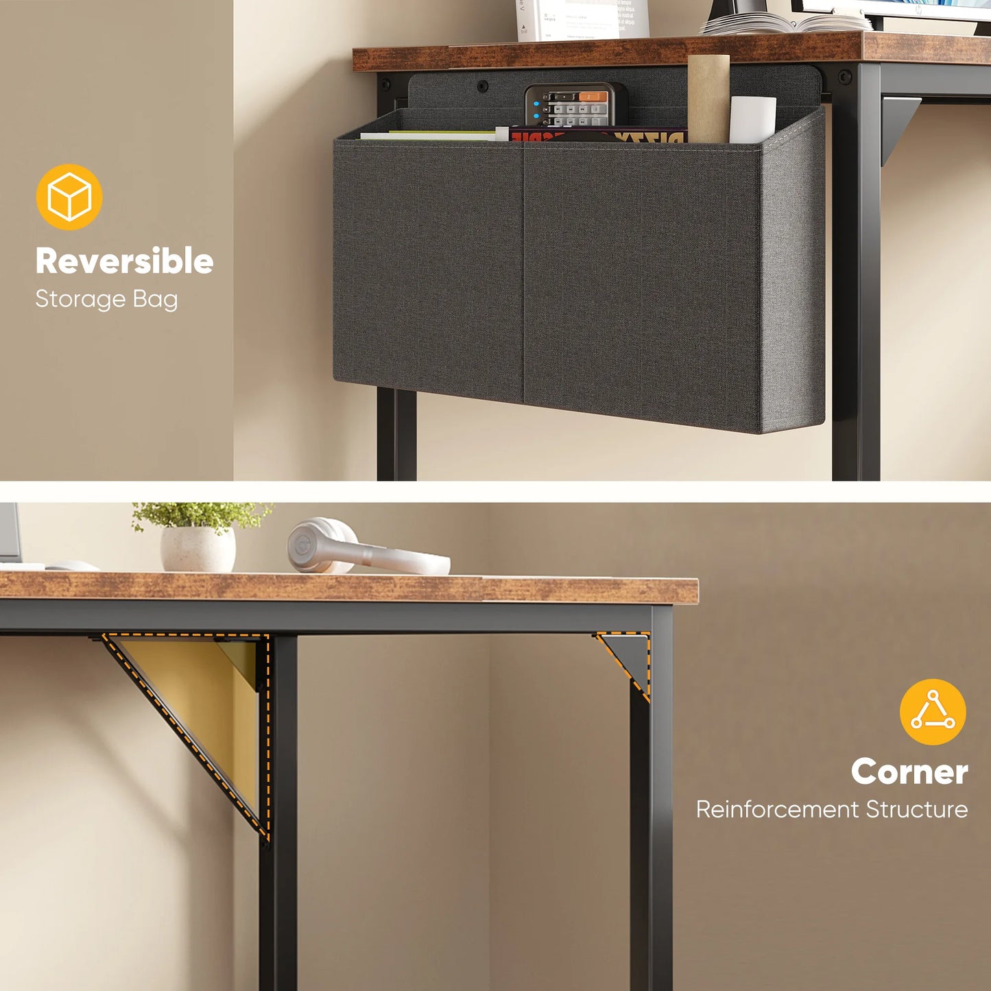 Computer Desk Writing Study Table with Storage Bag Metal Frame Wood Tabletop