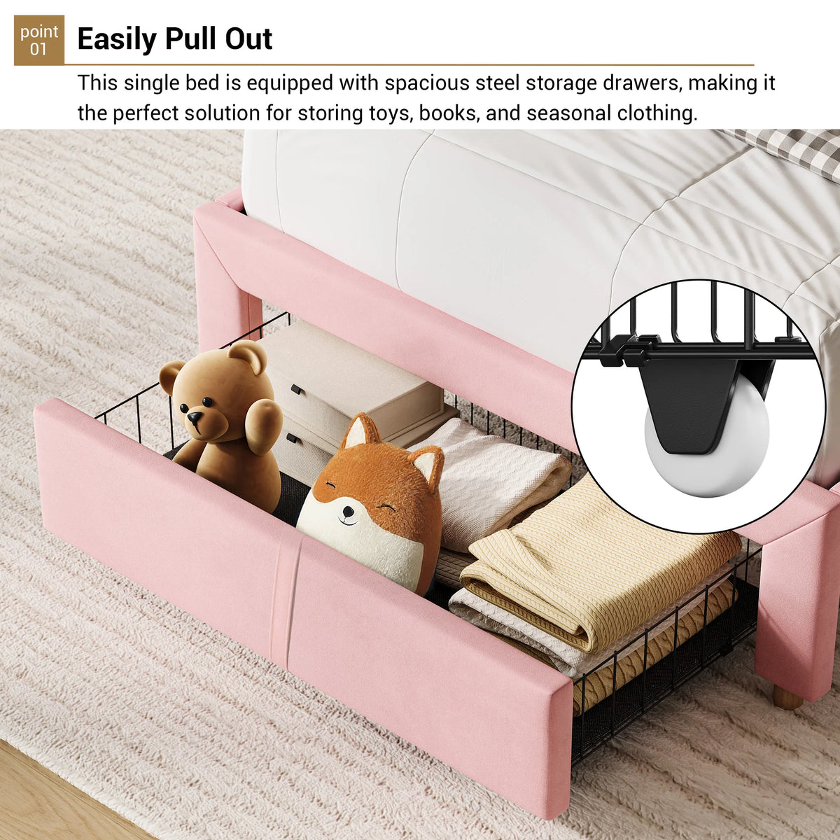 Twin Bed Frame with Bookcase Headboard & Storage Drawer