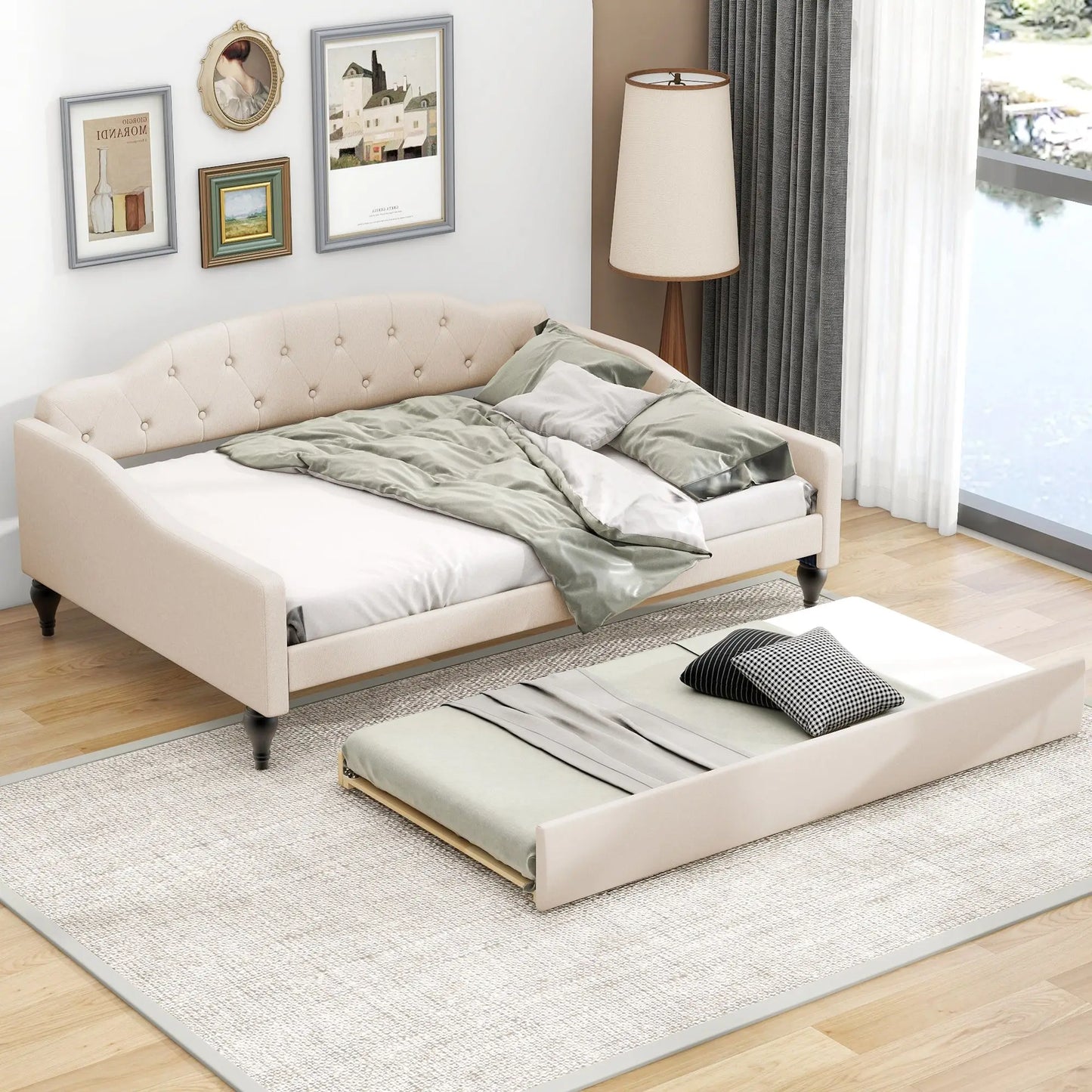 Full Size Beige Upholstered Tufted Daybed with Twin Size