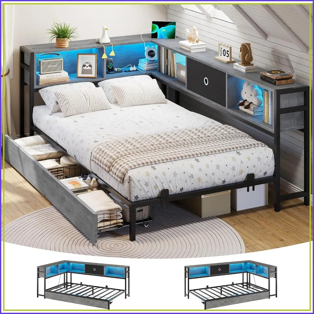 Twin Corner Bed Frame with Bookcase Headboard