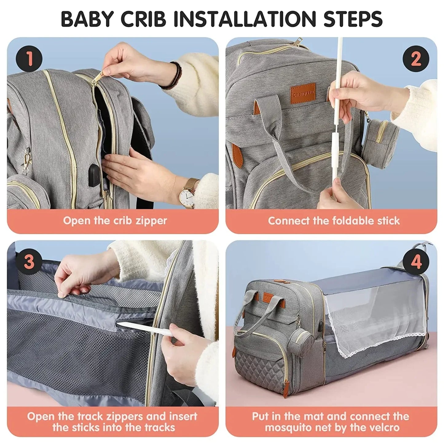 Diaper Bag Backpack with Foldable Baby Bed Waterproof