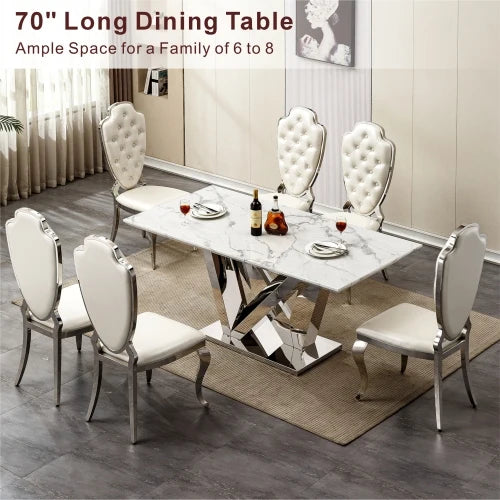 Rectangle Faux Marble Dining Table with Mirrored Finish Stainless Steel Base