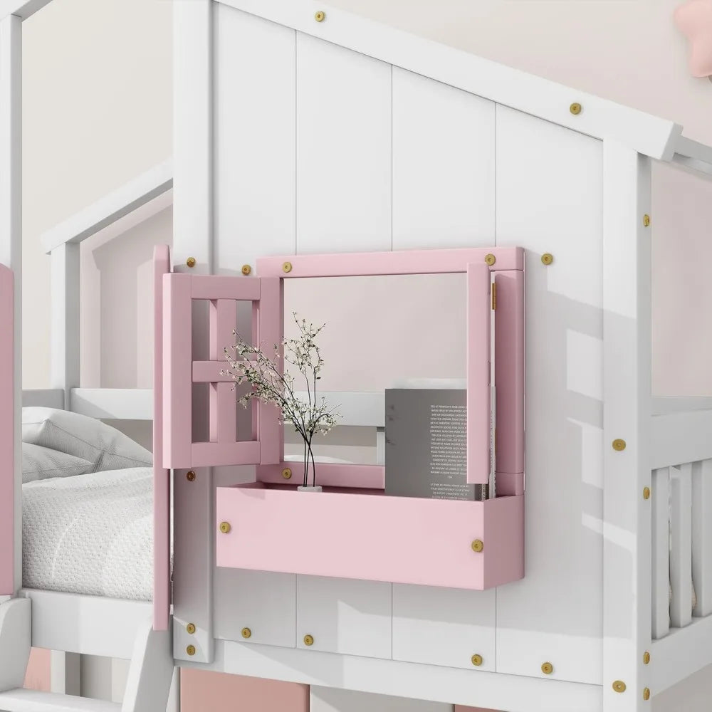 Floor House Bunk Bed with Low Bunker Bed Twin Over Twin