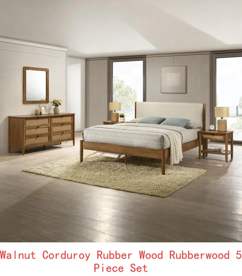 Rubberwood Bedroom Set with Upholstered Bed