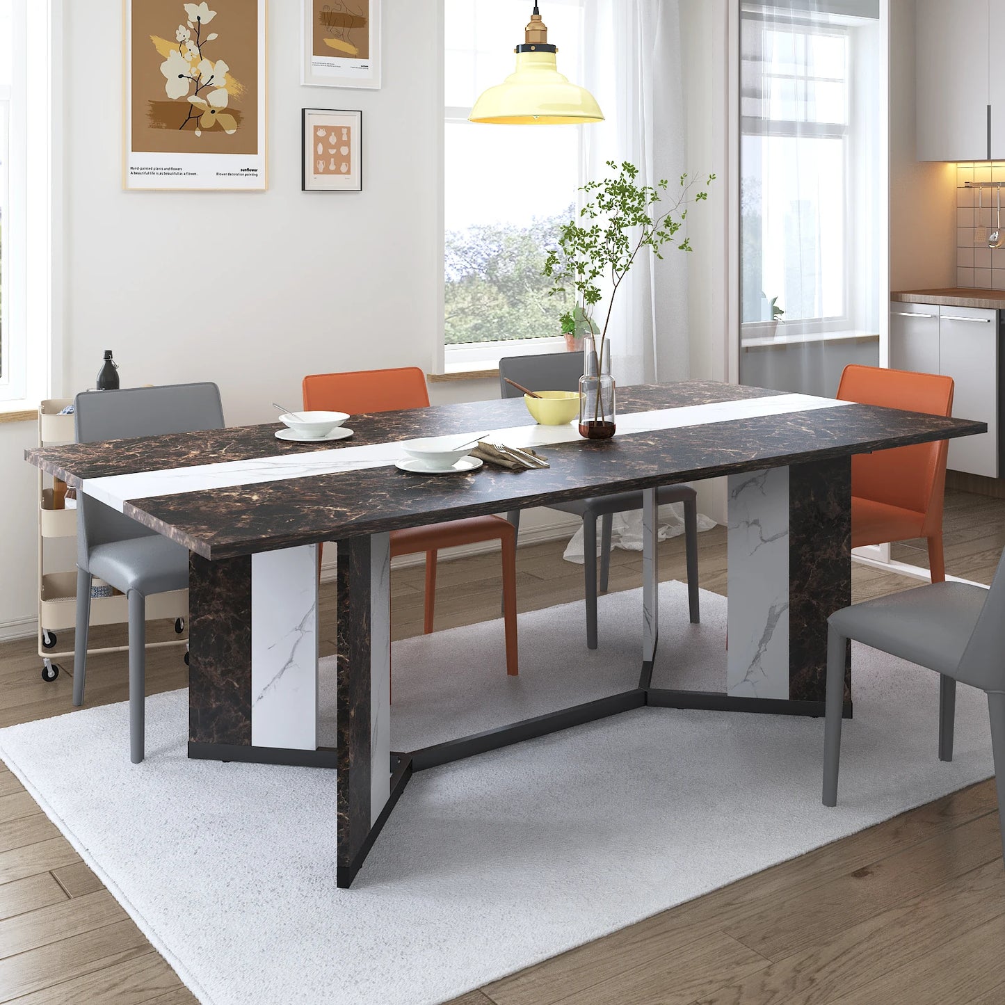 Large Rectangular White Dining Table with Marble Color, Wood Tabletop, Metal Leg
