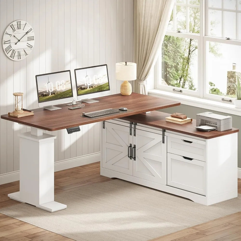 Farmhouse L Shaped Corner Desk with Storage Drawers