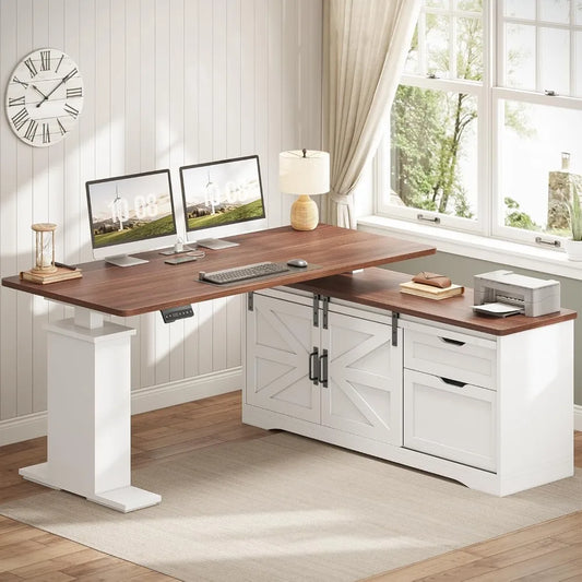 Farmhouse L Shaped Corner Desk with Storage Drawers