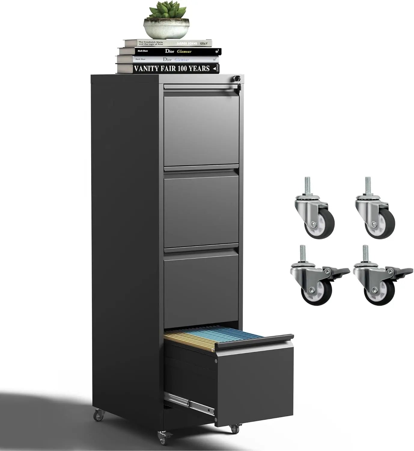4 Drawer Mobile Metal Filing Cabinet with Lock and Wheels