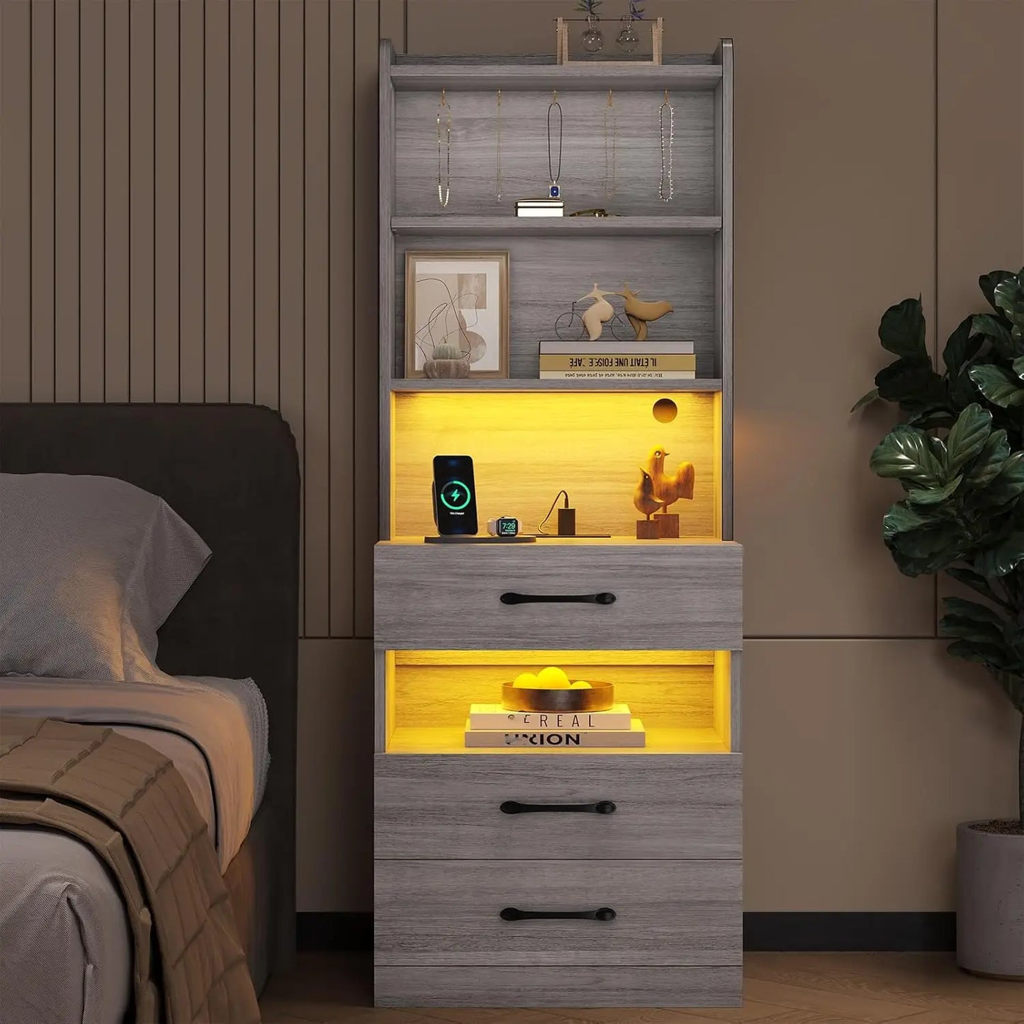 Tall Nightstand with Charging Station and LED Light
