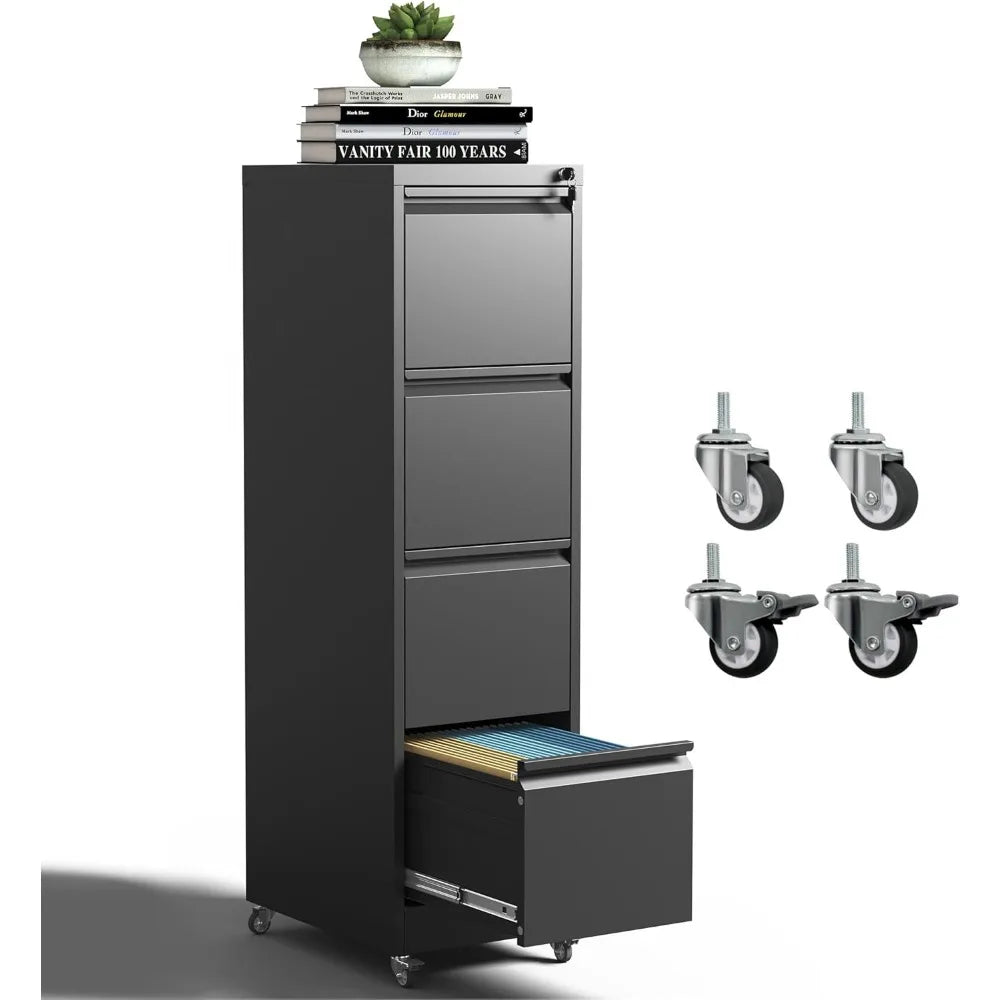 4 Drawer Mobile File Cabinet, Metal Filing Cabinet with Lock and Wheels, Home Office Rolling File Cabinets for Legal/Letter Hang