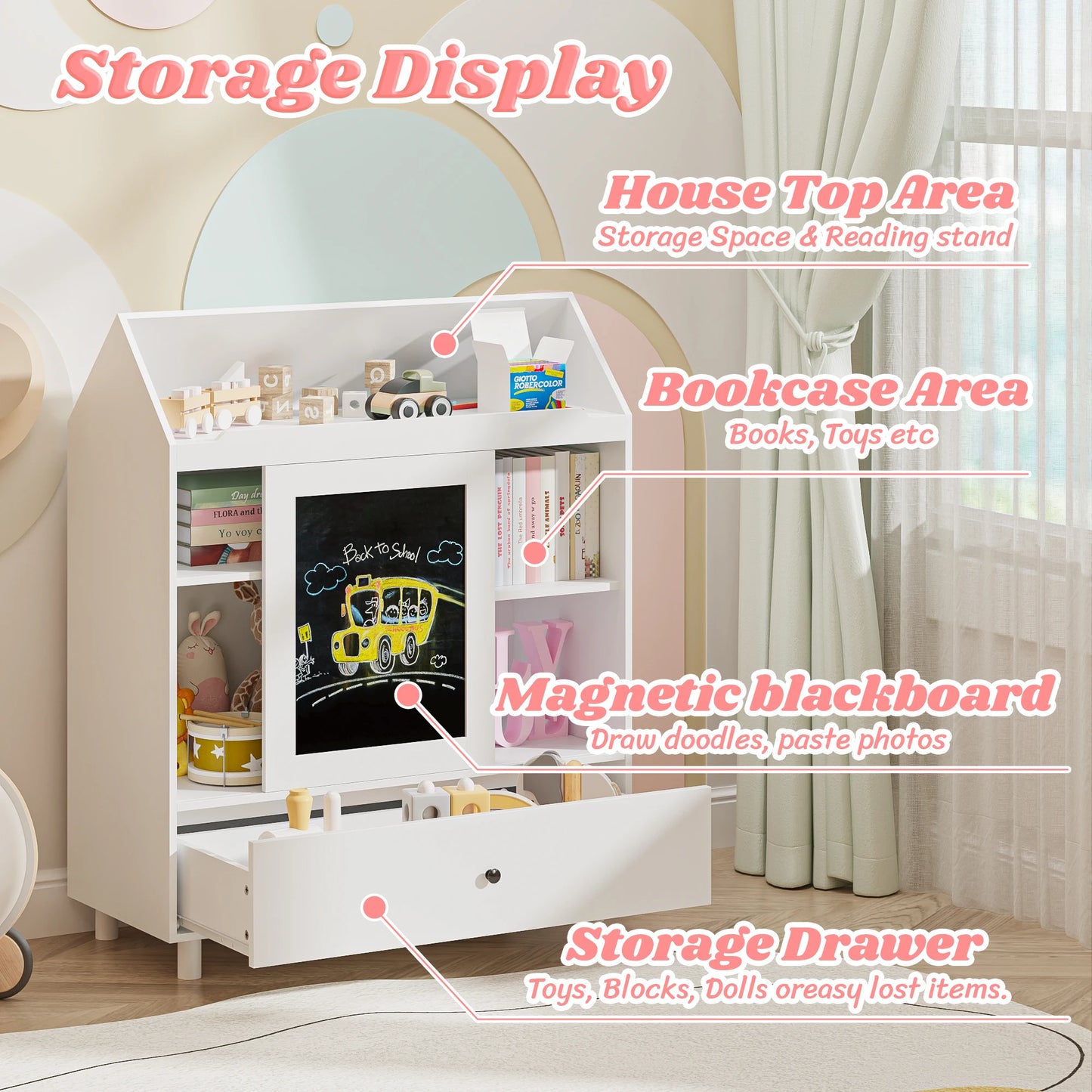 Bookshelf for Toy Storage Organizer with Blackboard House
