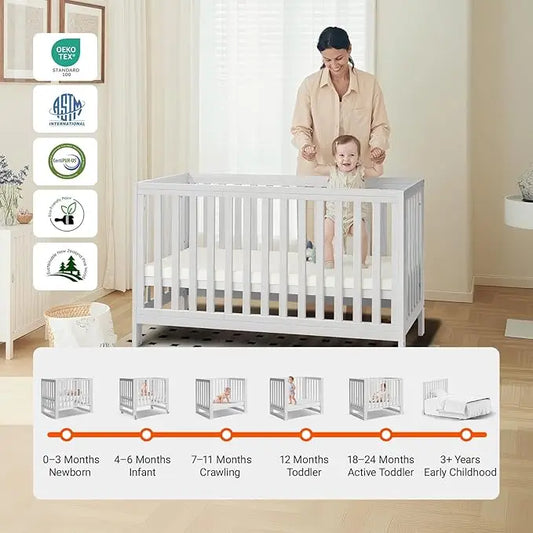 Baby Full Size Crib with Removable Wheels and 4 Adjustable Heights