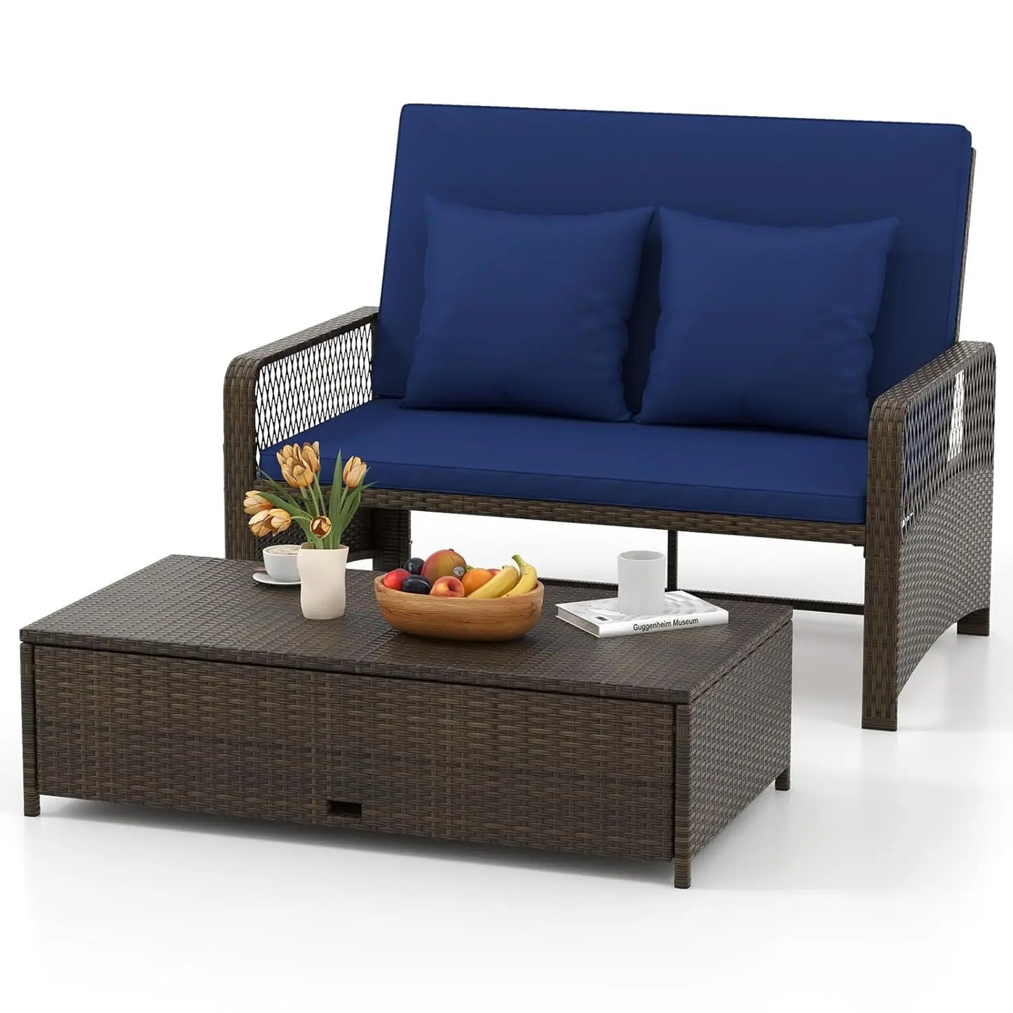 Rattan Daybed Loveseat with Adjustable Backrest & Ottoman and Zipped Cushion