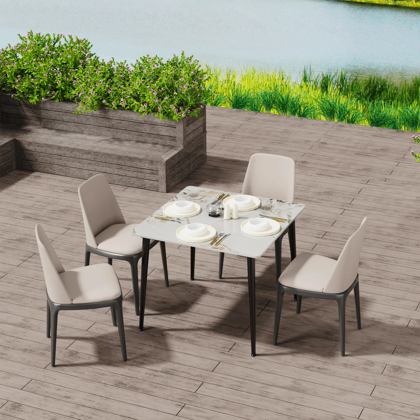 Mid-Century Slate Dining Table with Sintered Stone Top and Metal Legs