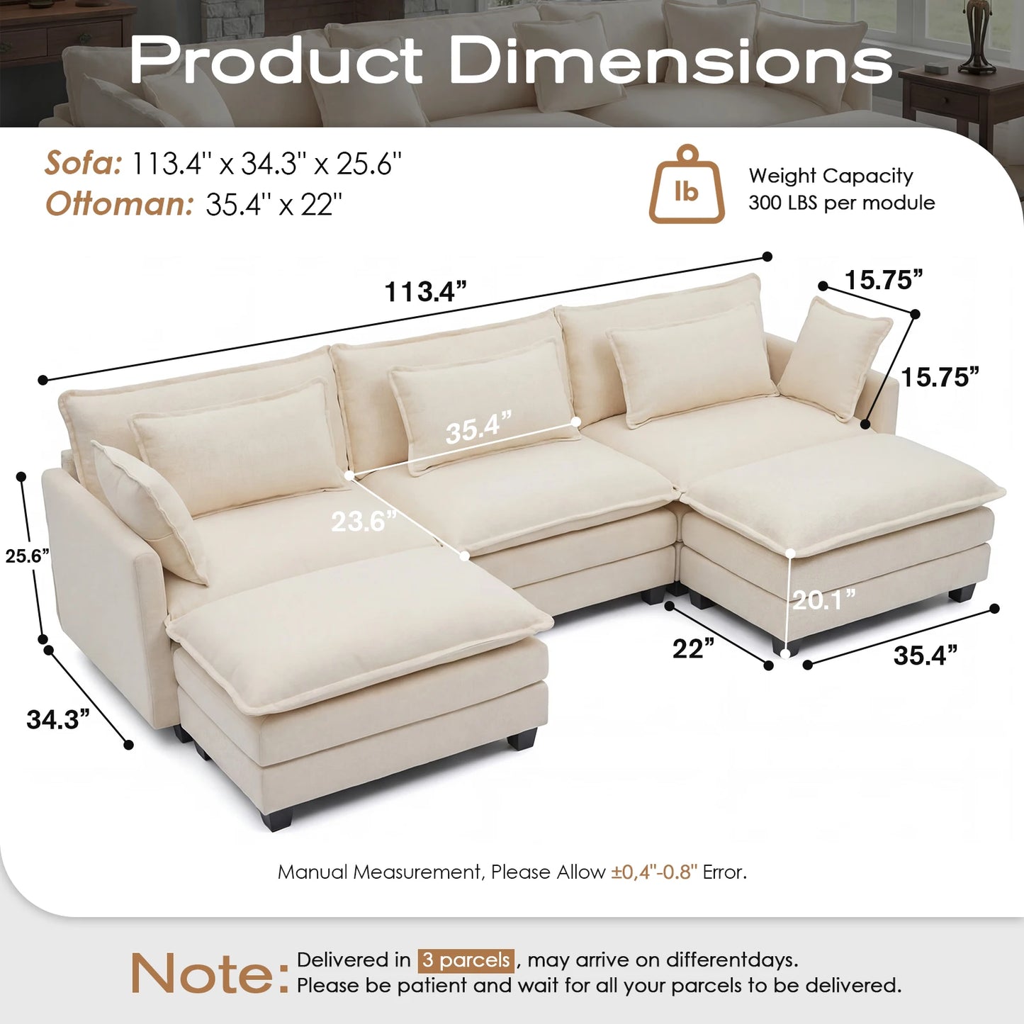 Modular Sectional Sofa with Ottoman, Comfy Cloud Couch with Deep Seat