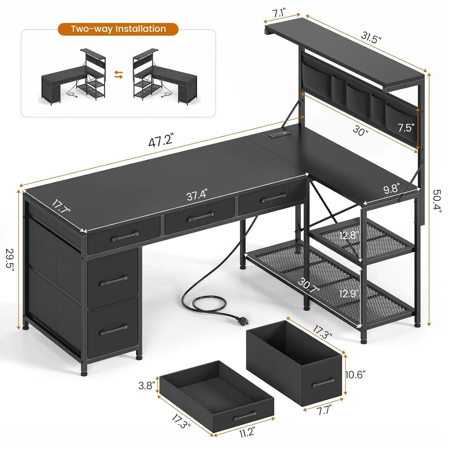 L-Shaped Reversible Computer Desk with Storage Shelves