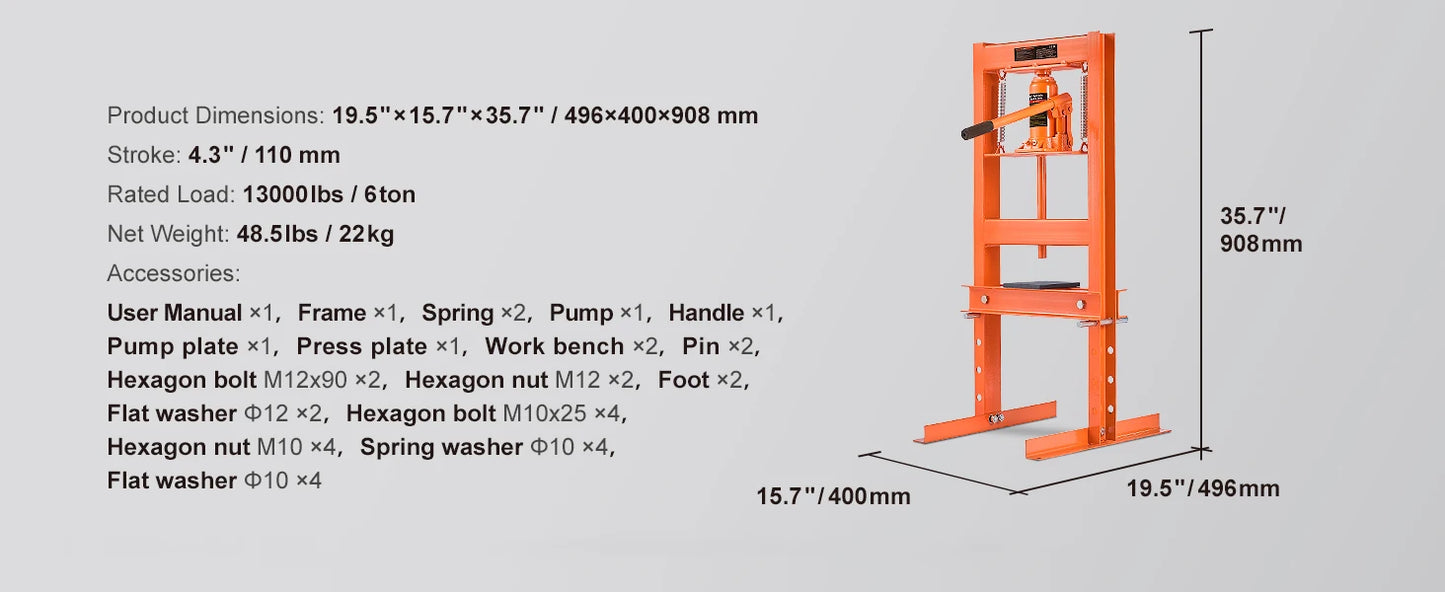Hydraulic Shop Press 6T H-Frame