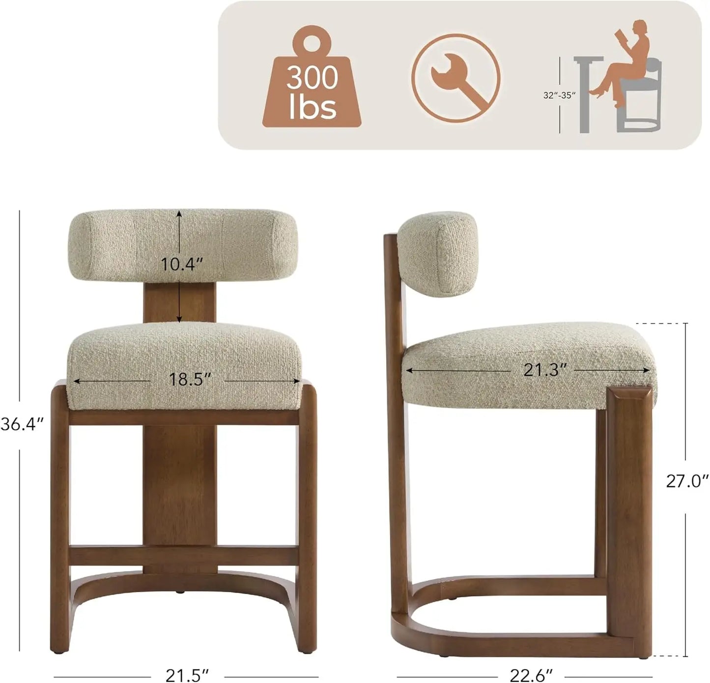 Upholstered Bar Stools with Backs & Wood Legs for Kitchen Island Dining Room