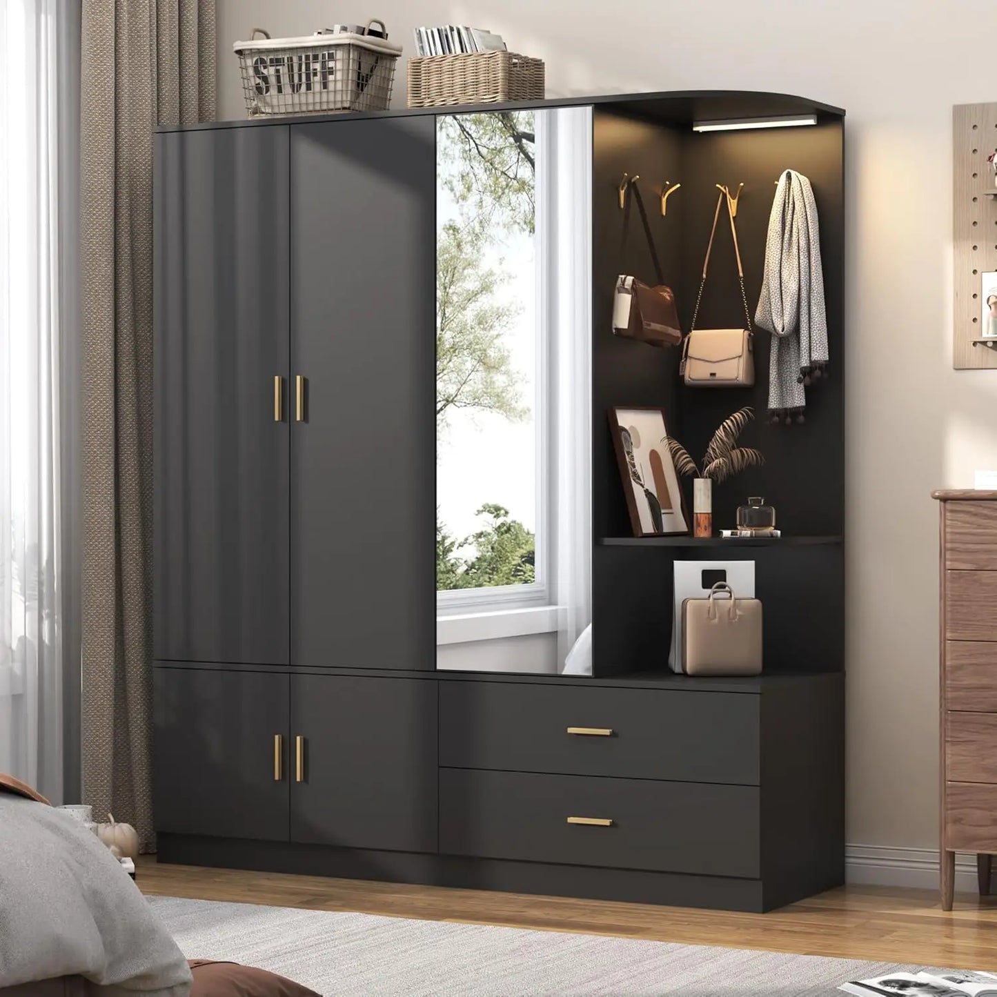 Modern Wooden Armoire Wardrobe with Mirror Sensor Light