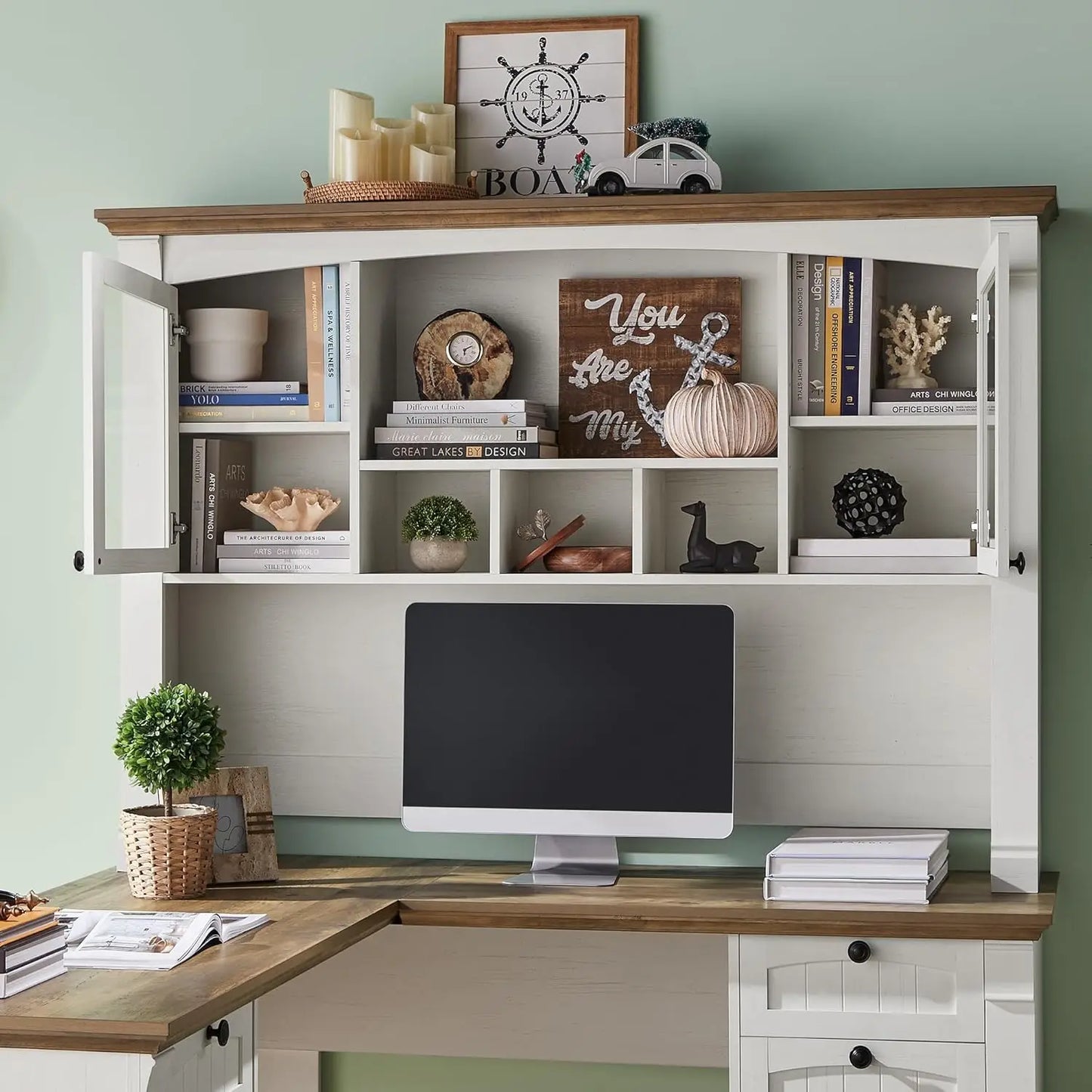 L Shaped Executive Desk with Hutch and Drawers