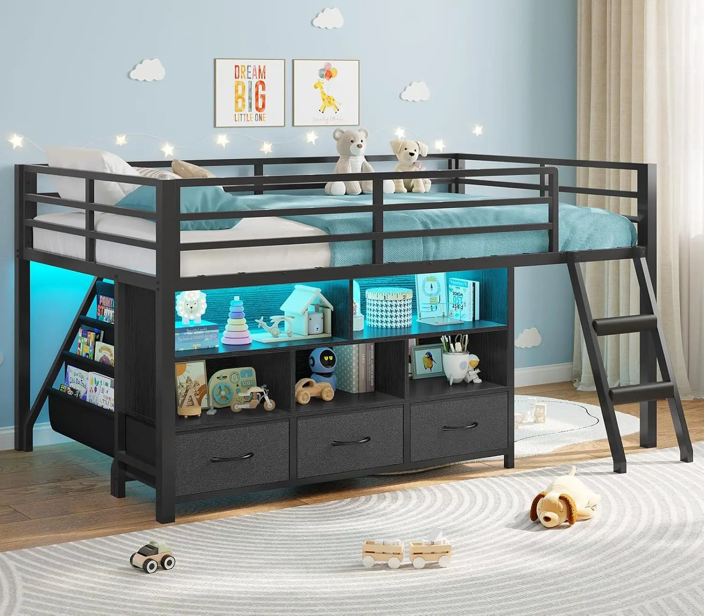 Metal Low Loft Twin Bed, Bookshelf, Cubbies, LED Guardrail, and Ladder