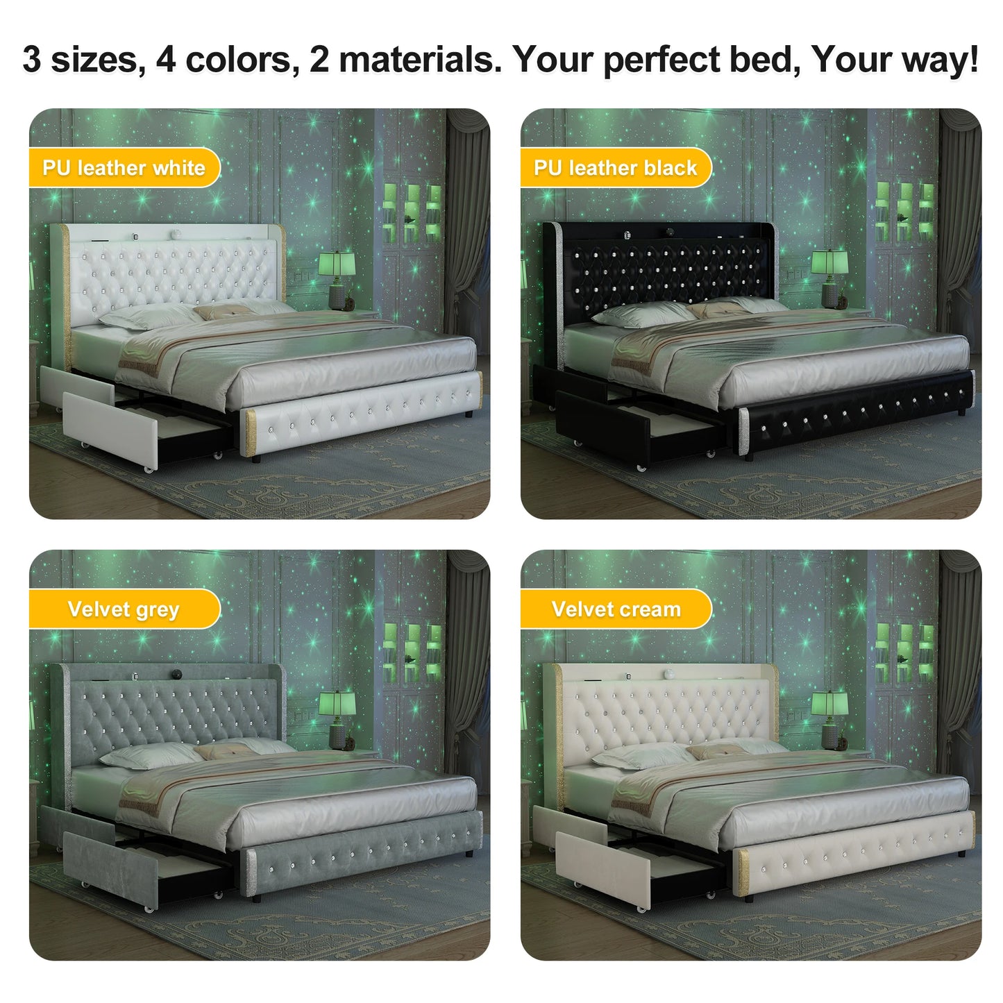 Bed Frame, Galaxy Projector, Bluetooth Speaker, USB Ports, 4 Drawers, No Box Spring Needed