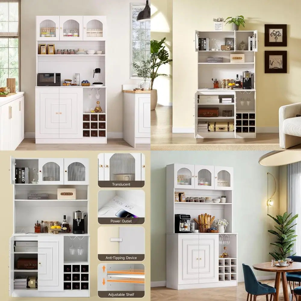 Kitchen Pantry Cabinet with Microwave Shelf & Wine Glass Rack Storage Buffet