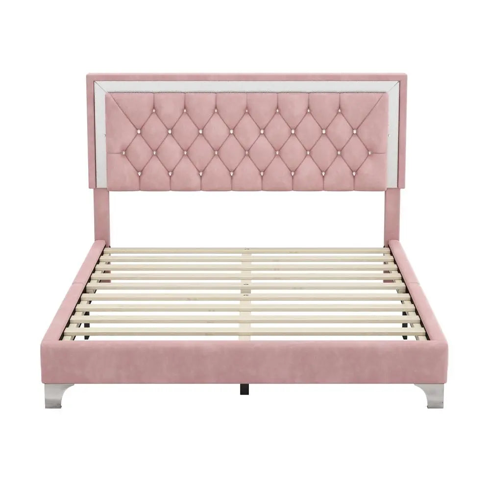 Upholstered Platform Bed with LED Lights and 2 Nightstands