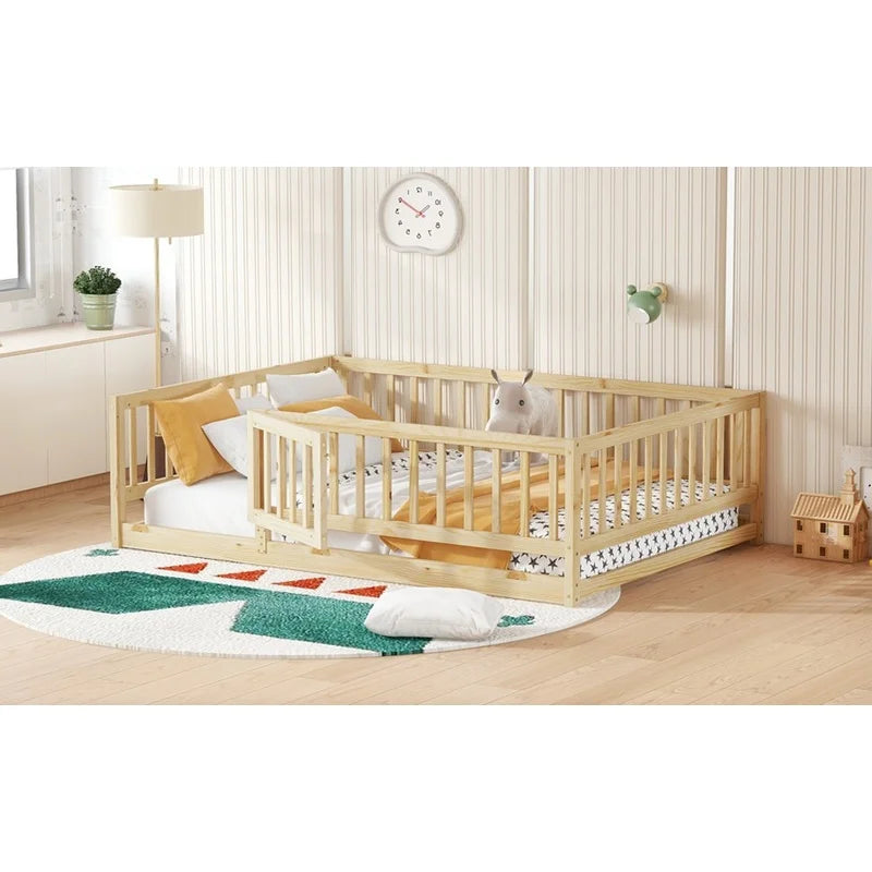 Montessori Floor Bed with Slats with Fence and Door