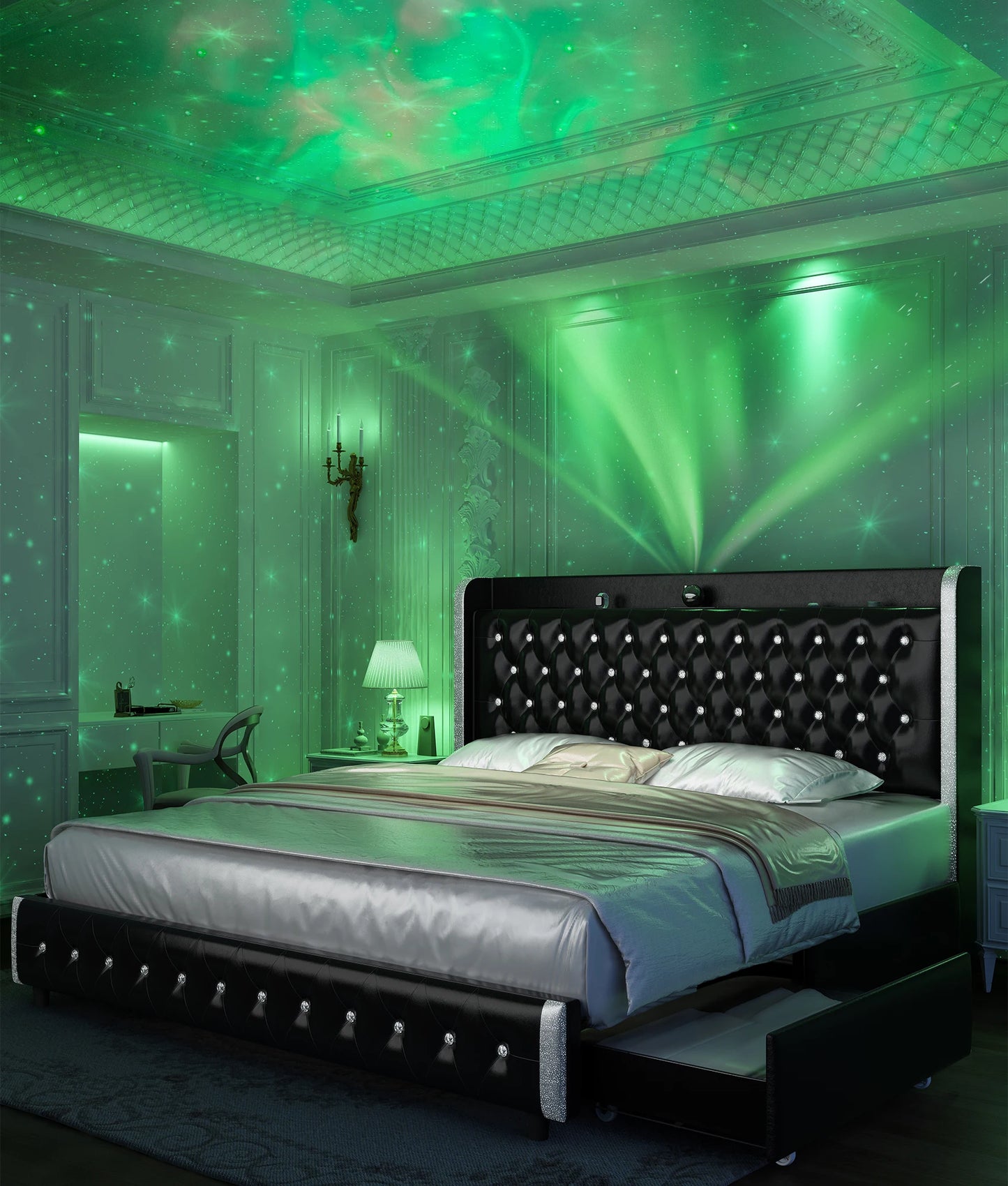 Bed Frame, Galaxy Projector, Bluetooth Speaker, USB Ports, 4 Drawers, No Box Spring Needed