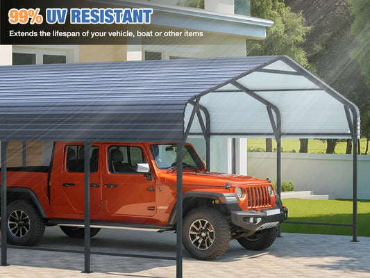 Multi-Size Metal Carport w/ Enhanced Base Outdoor Heavy Duty Garage Galvanized Car Shelter