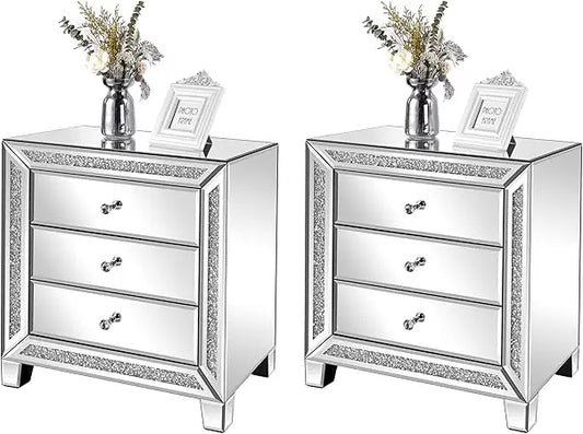 Mirrored Nightstands Set with 3 Drawer Glass Side