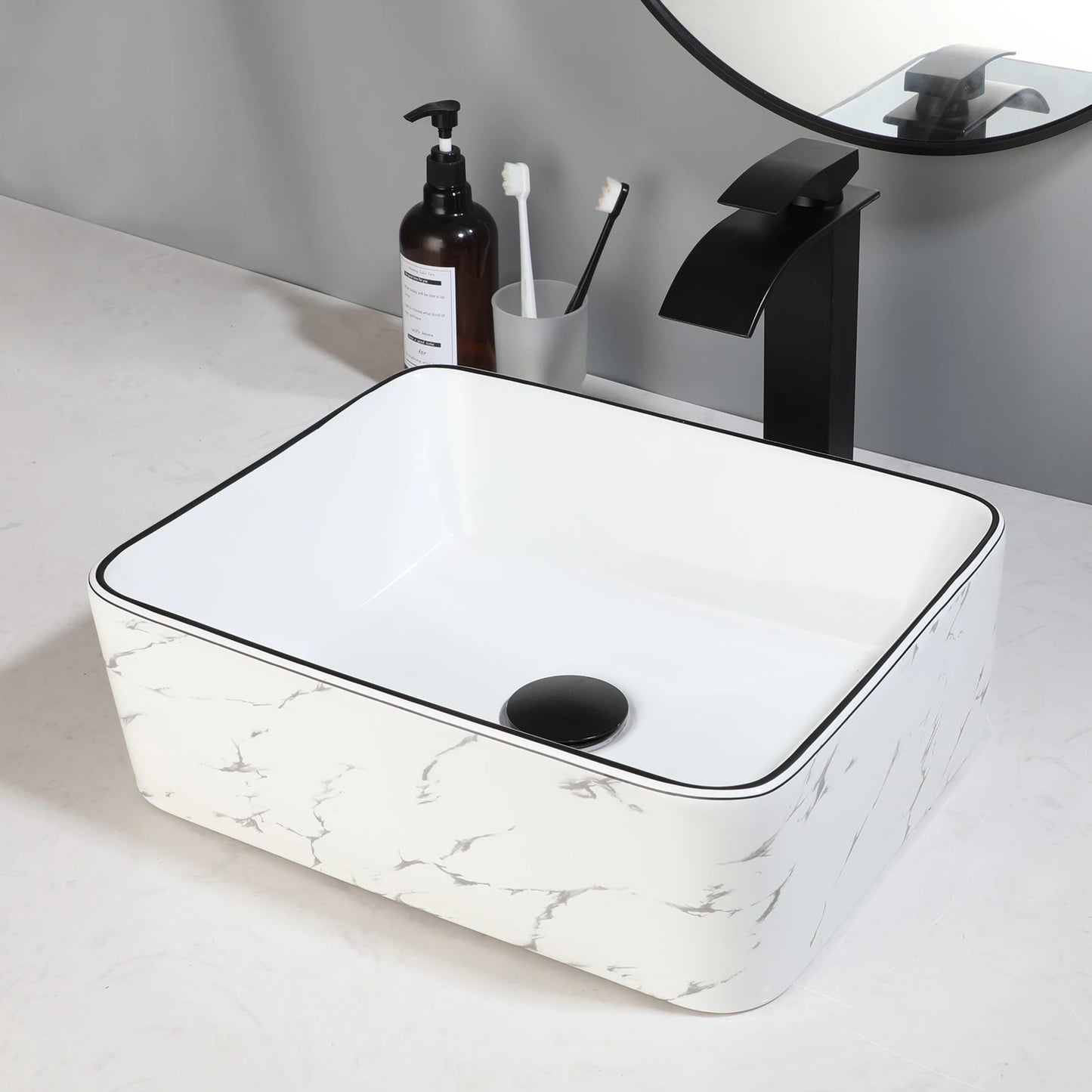 Ceramic White Vessel Sink with Black Trim