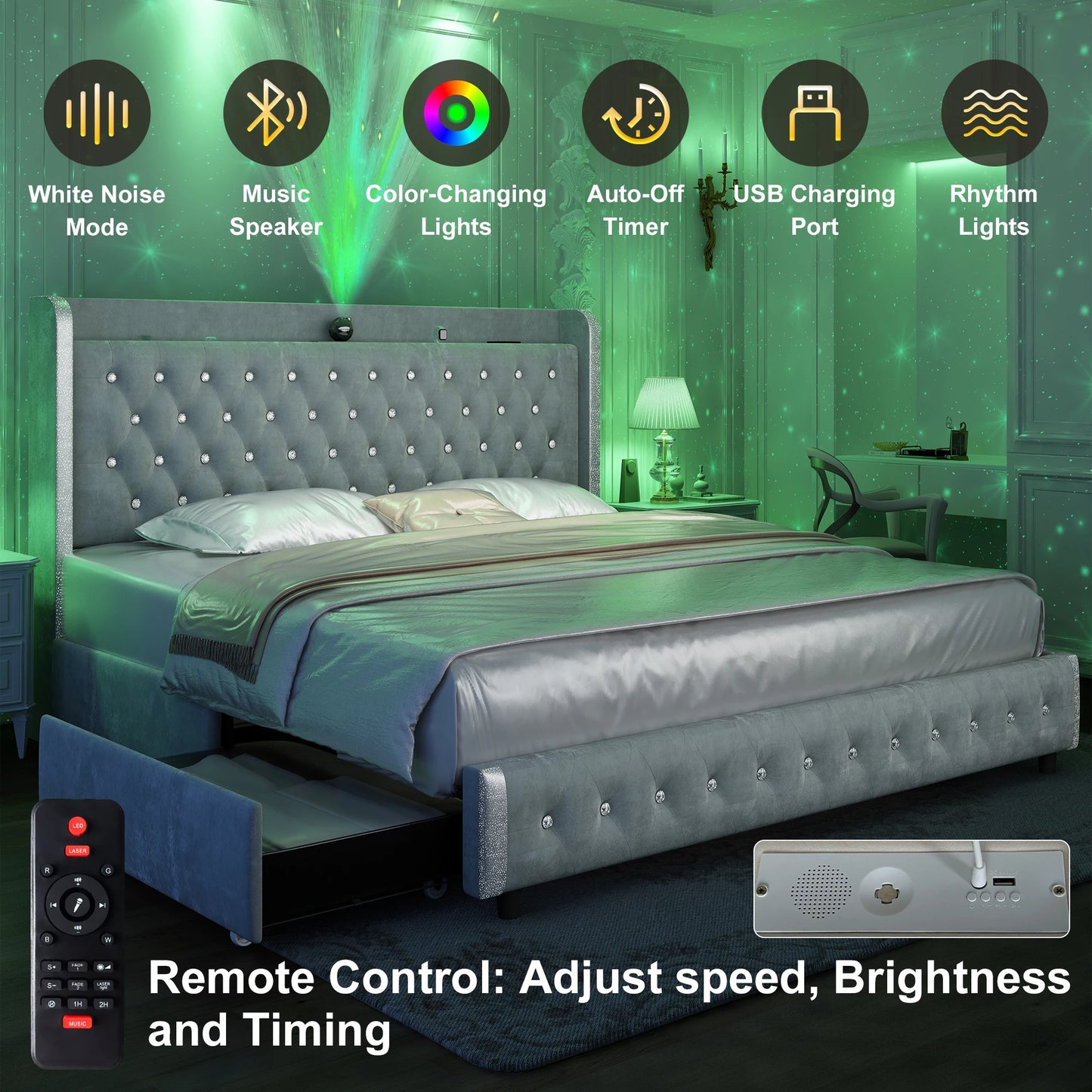 Bed Frame, Galaxy Projector, Bluetooth Speaker, USB Ports, 4 Drawers, No Box Spring Needed