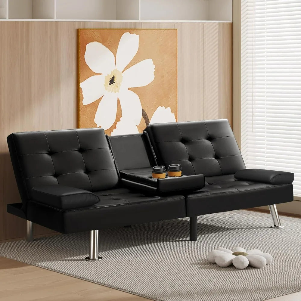 Modern Faux Leather Futon Sofa with Armrest