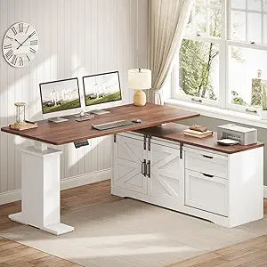 Farmhouse L Shaped Corner Desk with Storage Drawers