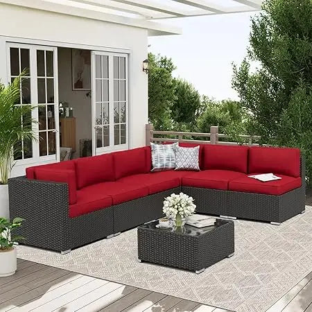 7-Piece Patio Furniture Sofa Set Rattan Wicker Sectional Conversation Sets with Glass Top Table and Cushions