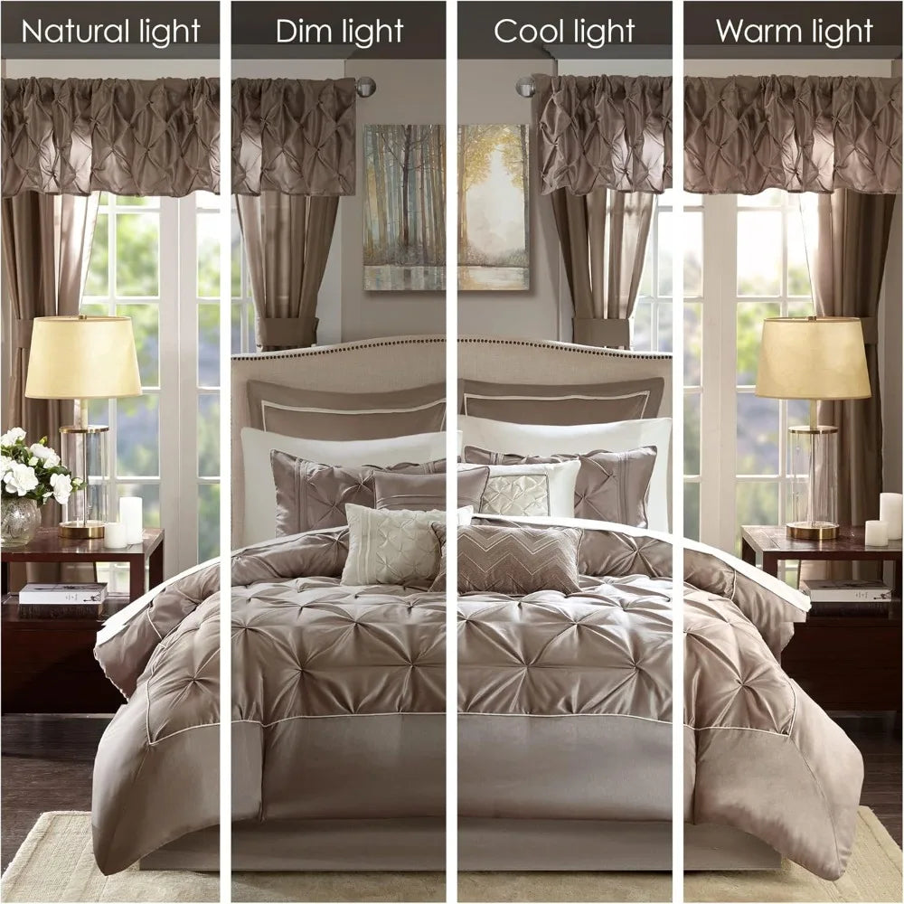 Diamond Tufting Faux Silk Comforter Set with Matching Curtains