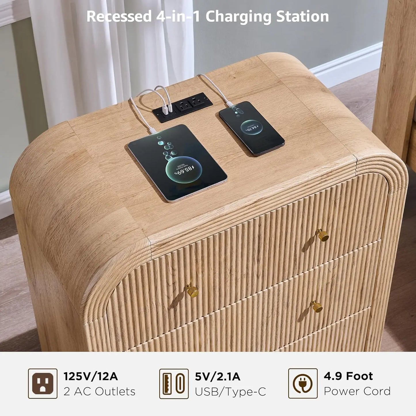 Fluted End Table Nightstand Charging Station
