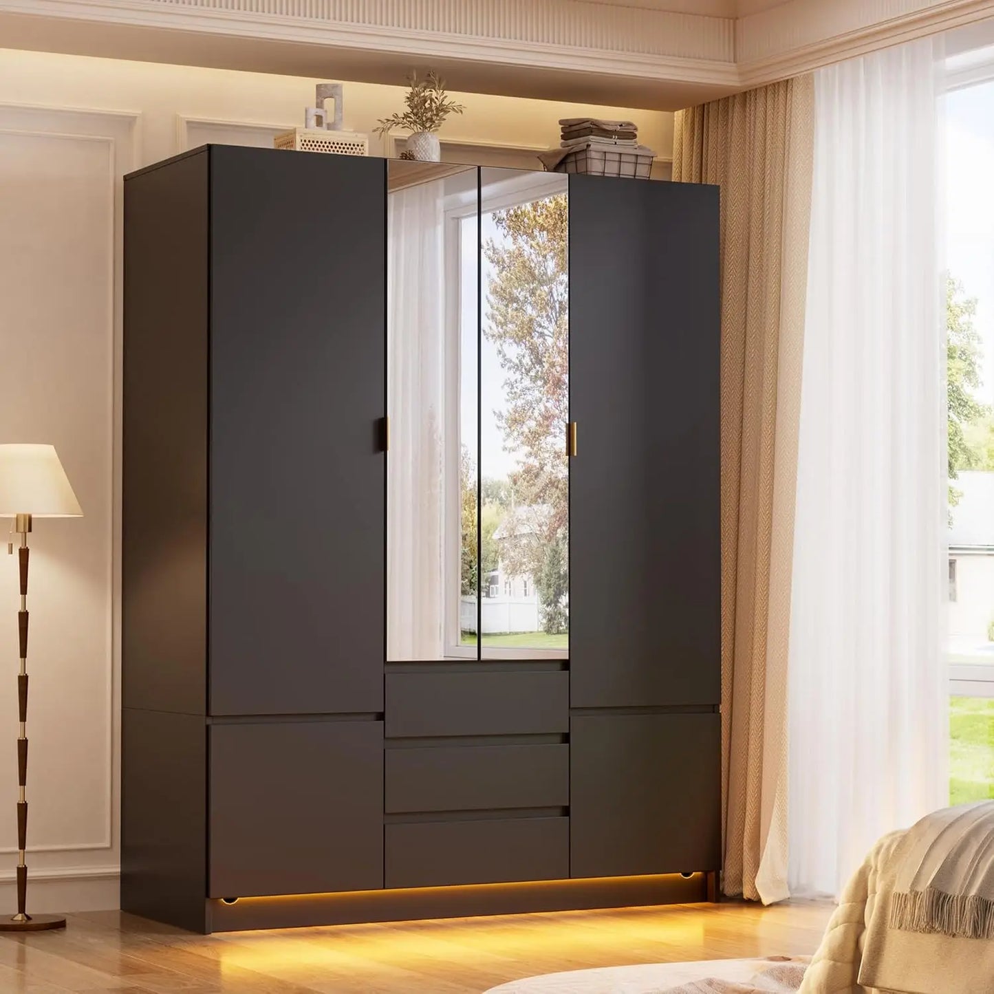 Wardrobe Closet with Led Light & Mirror,