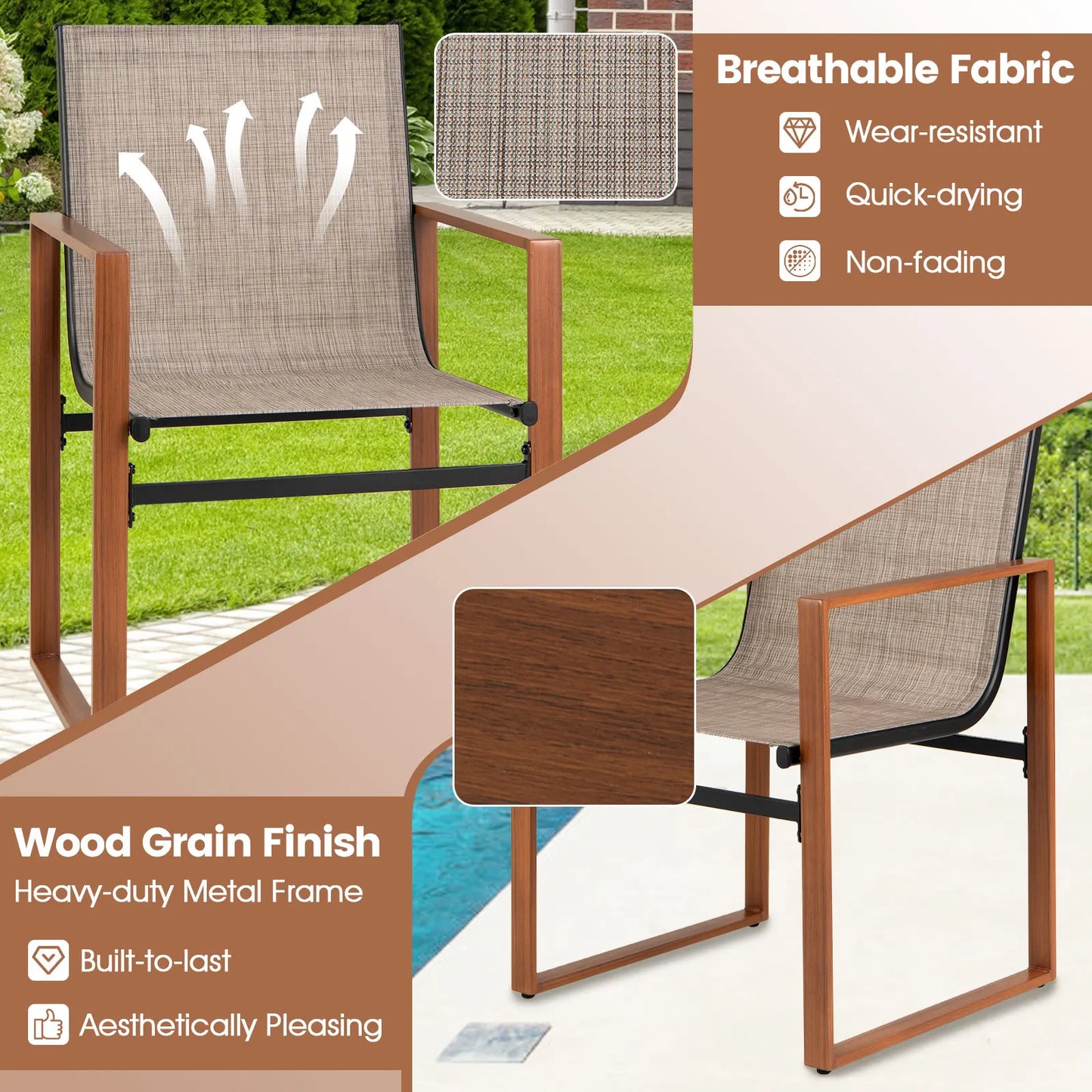 Outdoor Patio Furniture Chair w/ Breathable Seat & Backrest