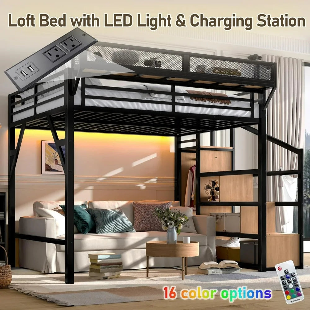 Metal Loft Bed Frame with Storage Stairs, Side Shelf, Wardrobe, USB Ports, and LED Lighting