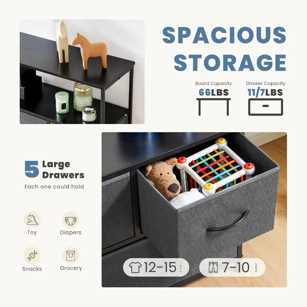 TV Stand Dresser with 5 Fabric Storage Drawers Media Console