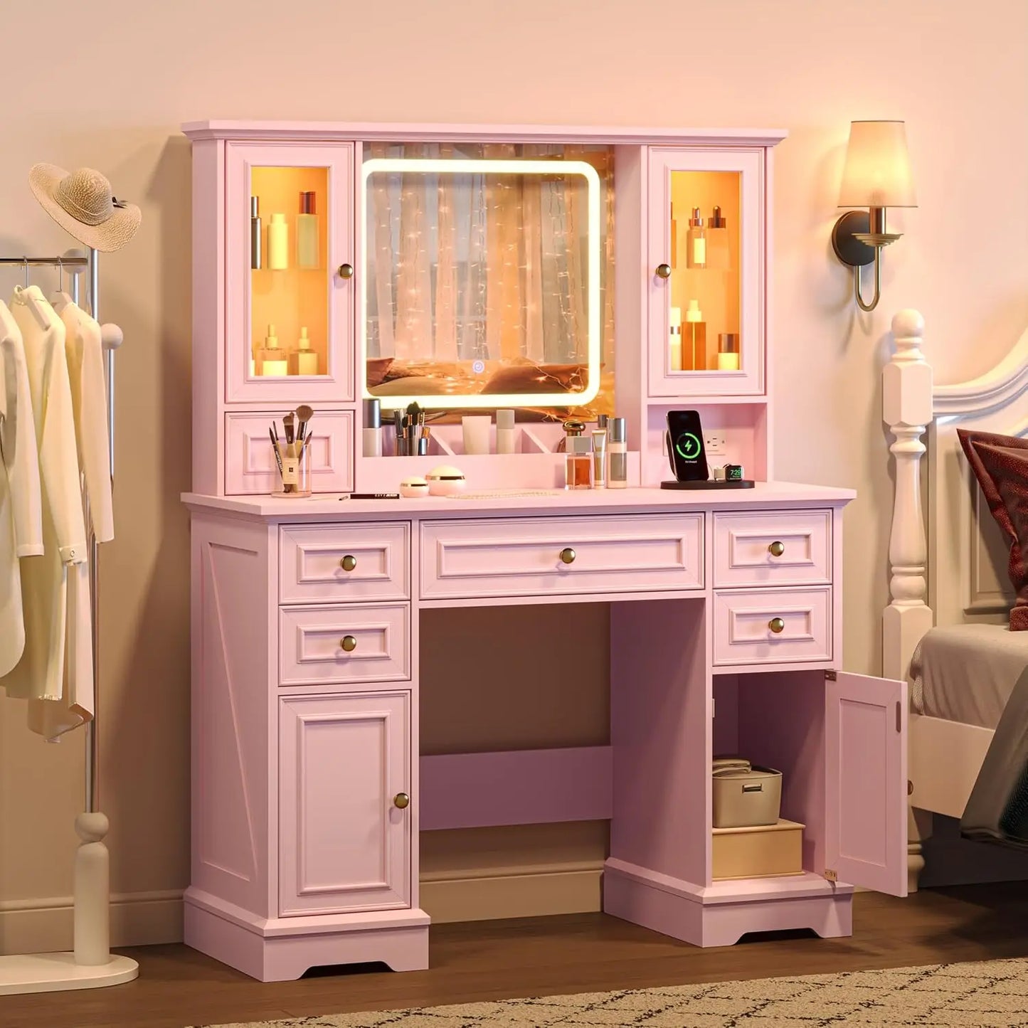 Vanity Desk with Mirror Lights RGB Cabinet Charging Station