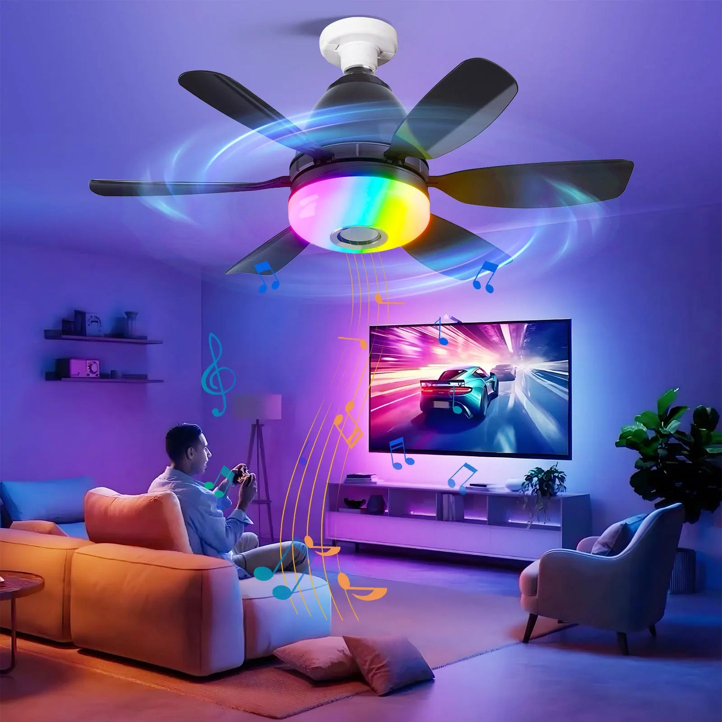 Socket Ceiling Fan RGB Light Bluetooth Speaker with Remote