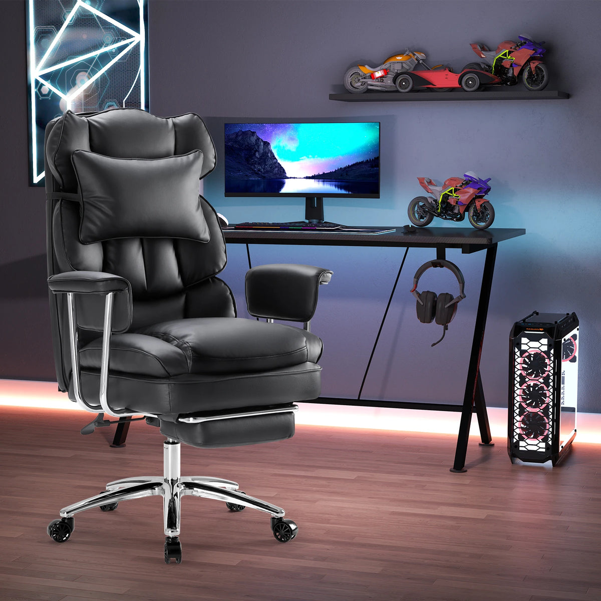 PU Leather Chair with High Back and Footrest Lumbar Support
