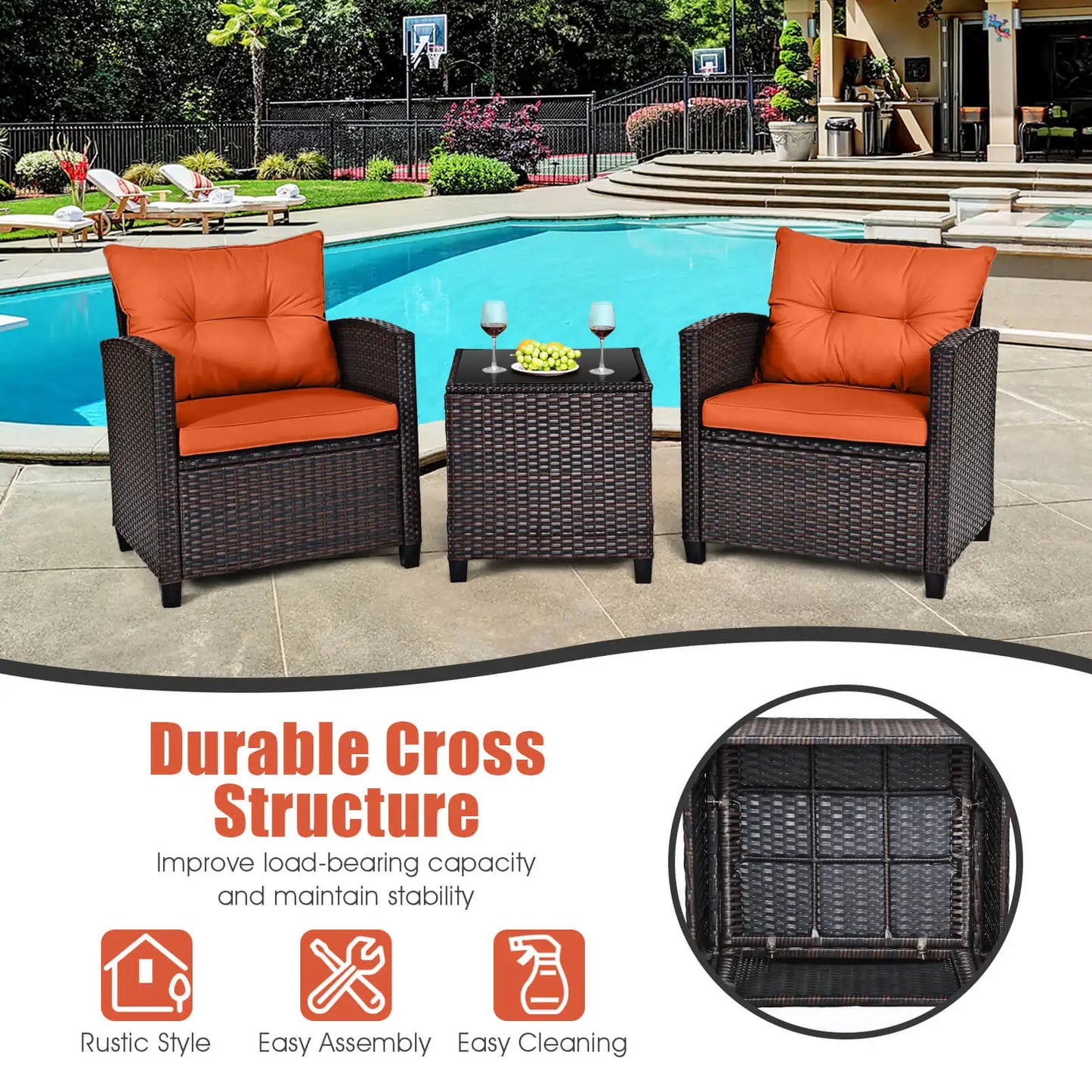 3 PCS Patio Rattan Cushioned Conversation Furniture Set