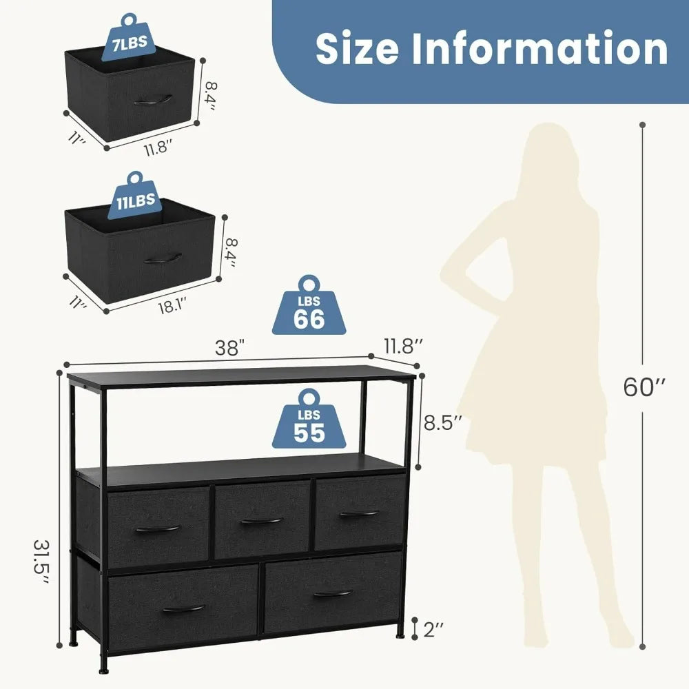 TV Stand Dresser with 5 Fabric Storage Drawers Media Console